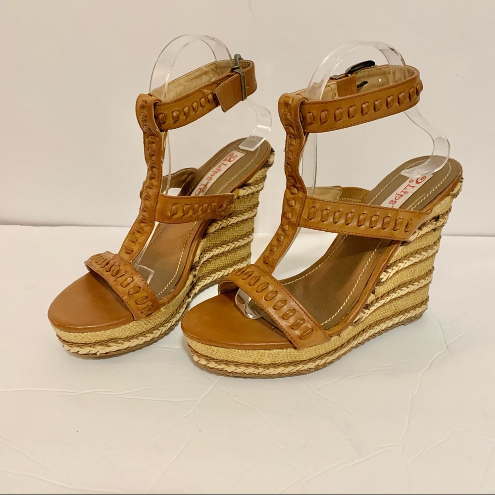 2 Lips Too Brown Braided Woven Wedge Sandals Size 7 M Cognac High Heel Too Hip